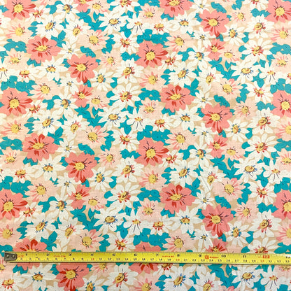 Pink, White & Teal Daisy Floral Deadstock Fabric