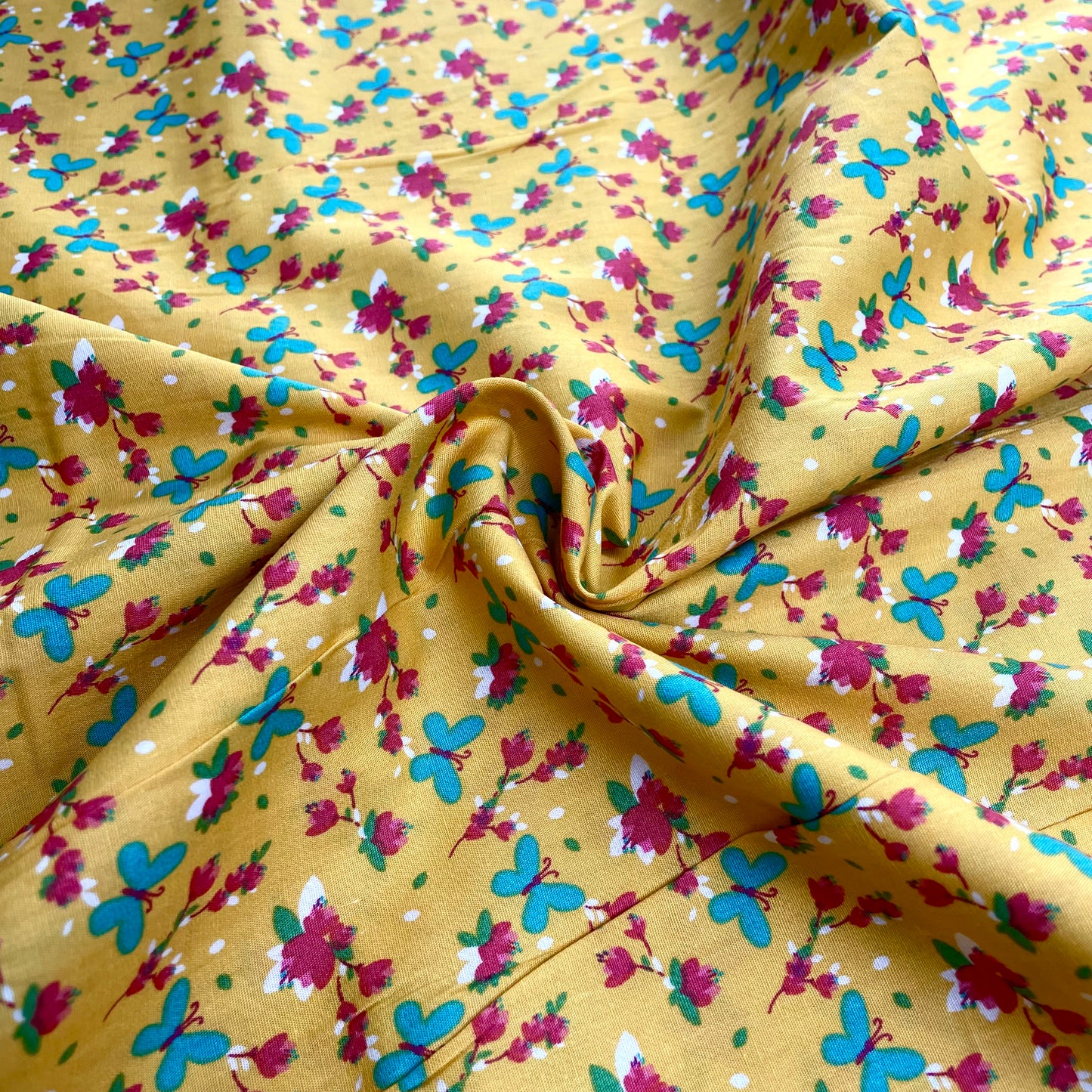 Yellow, Teal & Pink Butterfly Floral Cotton Deadstock Fabric