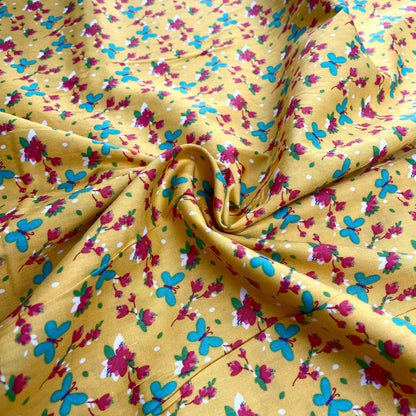 Yellow, Teal & Pink Butterfly Floral Cotton Deadstock Fabric