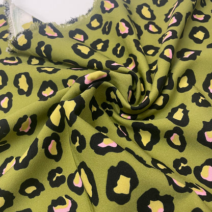 Green & Pink Leopard Print Heavy Crepe Deadstock Fabric