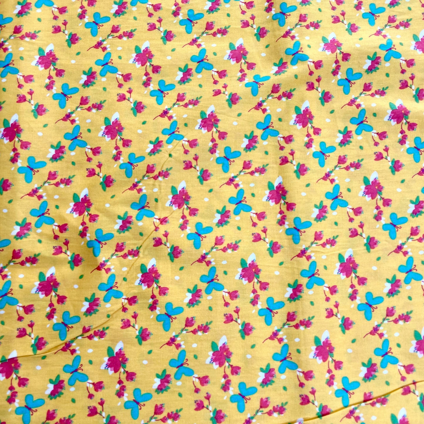 Yellow, Teal & Pink Butterfly Floral Cotton Deadstock Fabric