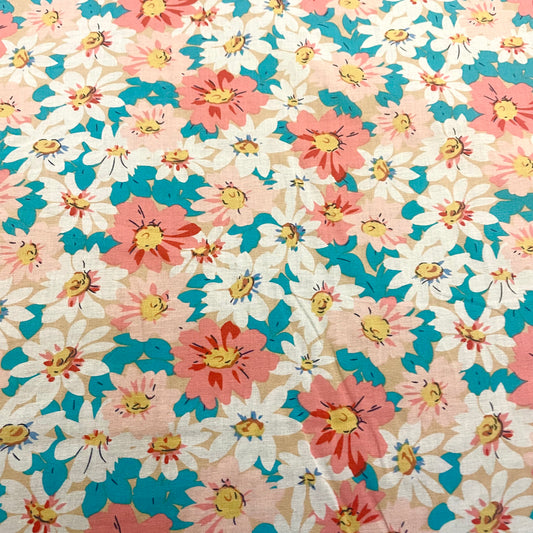 Pink, White & Teal Daisy Floral Deadstock Fabric