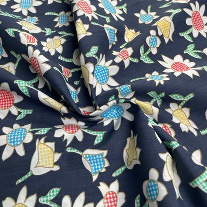 Gingham Daisy Printed Navy Polycotton Deadstock Fabric