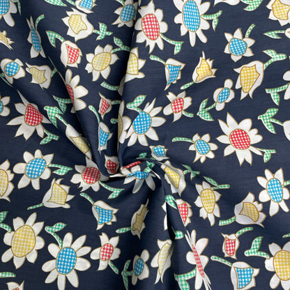 Gingham Daisy Printed Navy Polycotton Deadstock Fabric