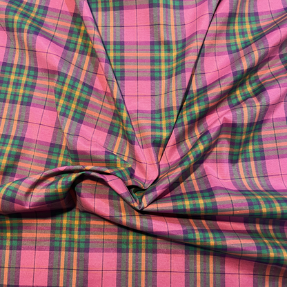 Pink, Green & Orange Tartan Polycotton Deadstock Fabric