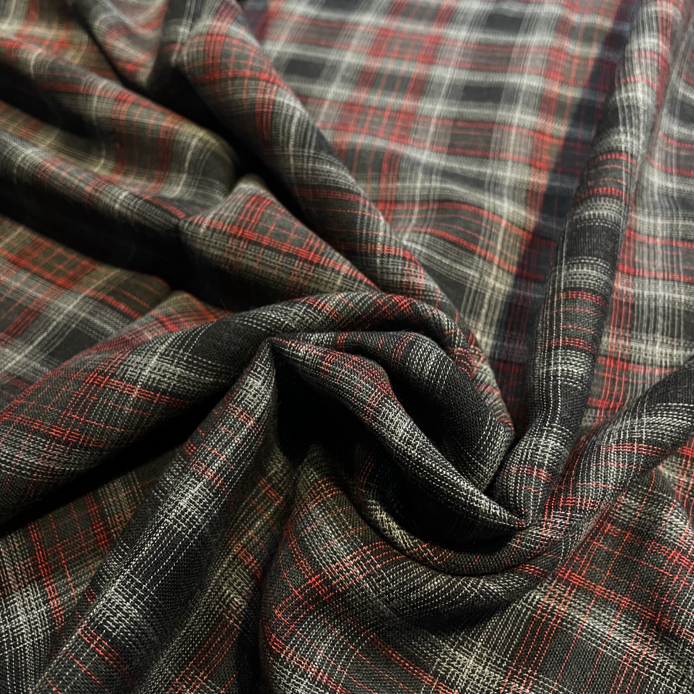 Black, Grey & Red Tartan Wool Mix Deadstock Fabric