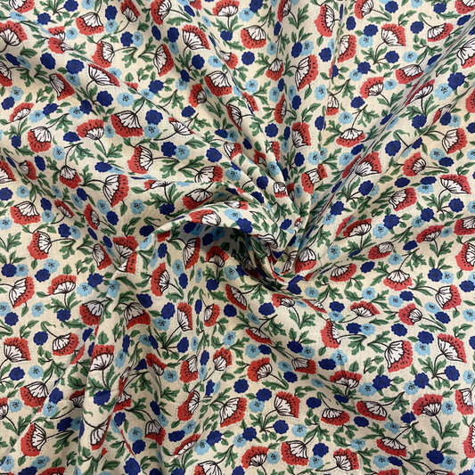 Cream, Red & Blue Floral Cotton Poplin Deadstock Fabric