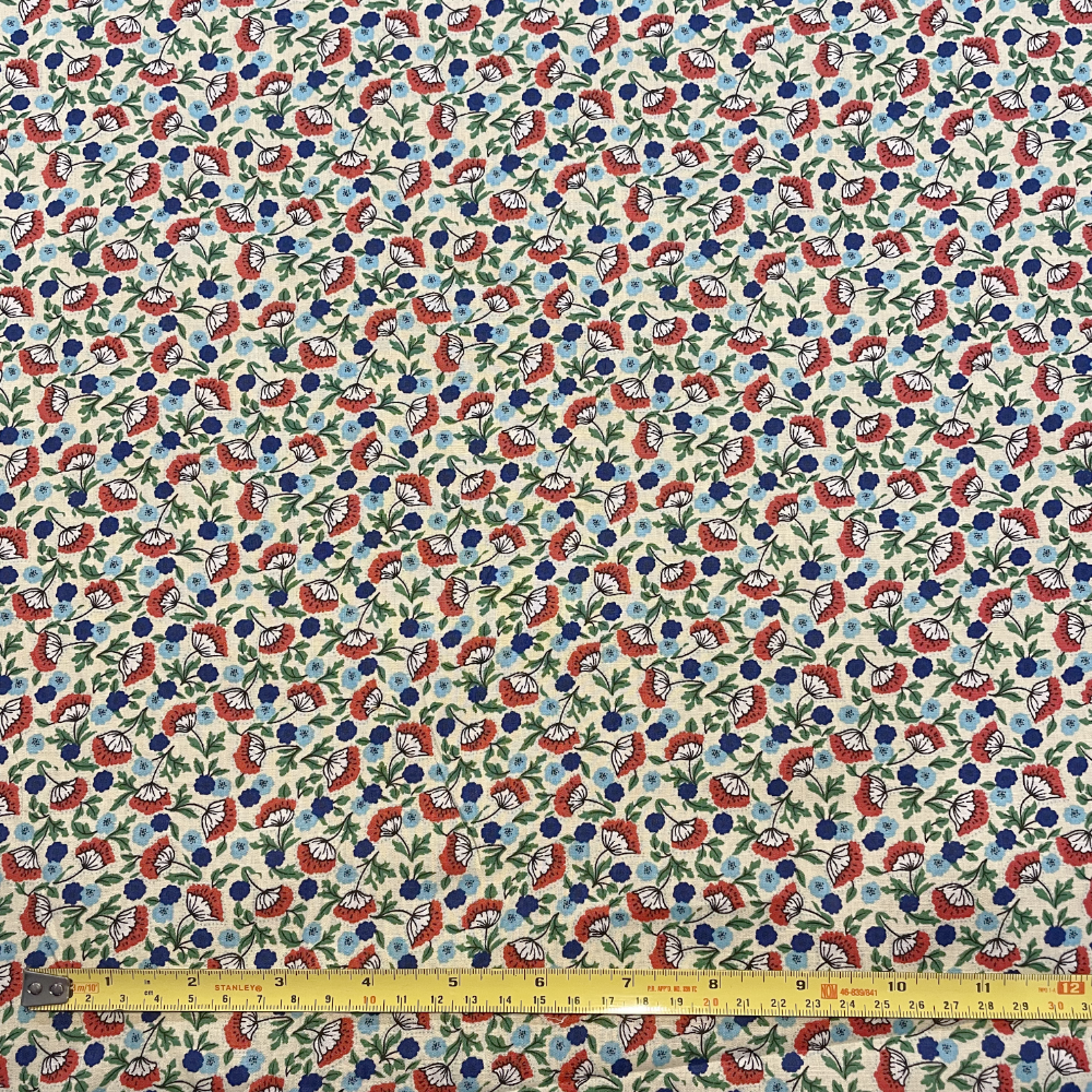 Cream, Red & Blue Floral Cotton Poplin Deadstock Fabric