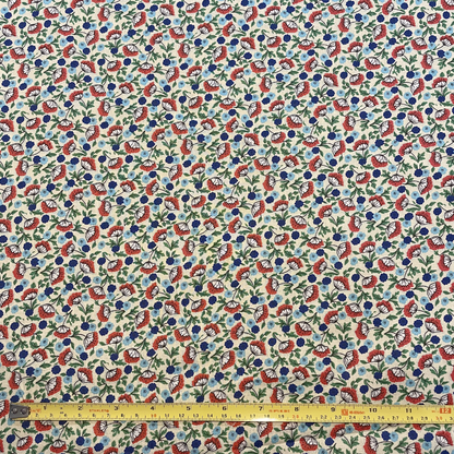 Cream, Red & Blue Floral Cotton Poplin Deadstock Fabric