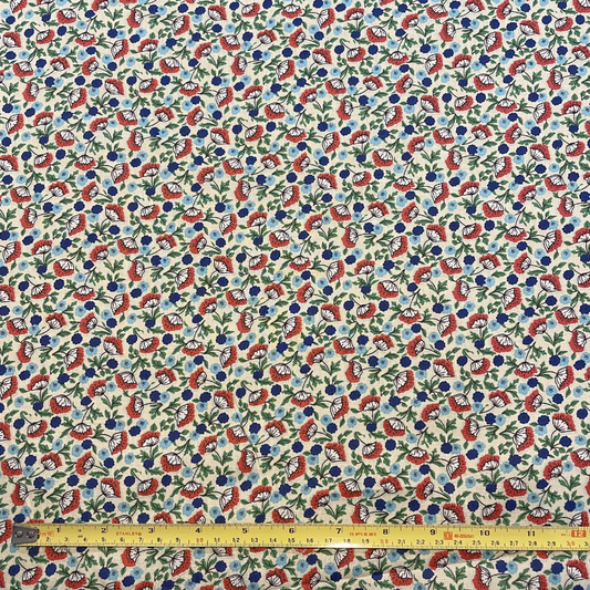 Cream, Red & Blue Floral Cotton Poplin Deadstock Fabric
