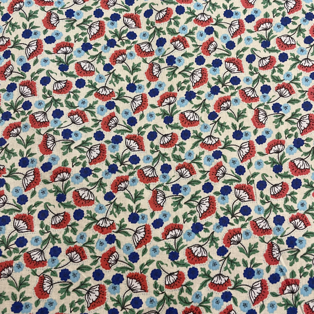 Cream, Red & Blue Floral Cotton Poplin Deadstock Fabric