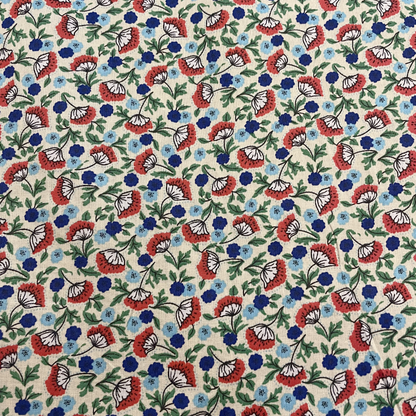 Cream, Red & Blue Floral Cotton Poplin Deadstock Fabric
