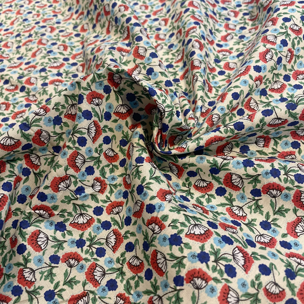 Cream, Red & Blue Floral Cotton Poplin Deadstock Fabric