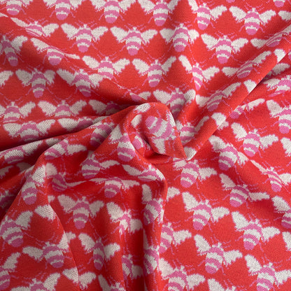 Red & Pink Bee Print Jersey Knit Deadstock Fabric