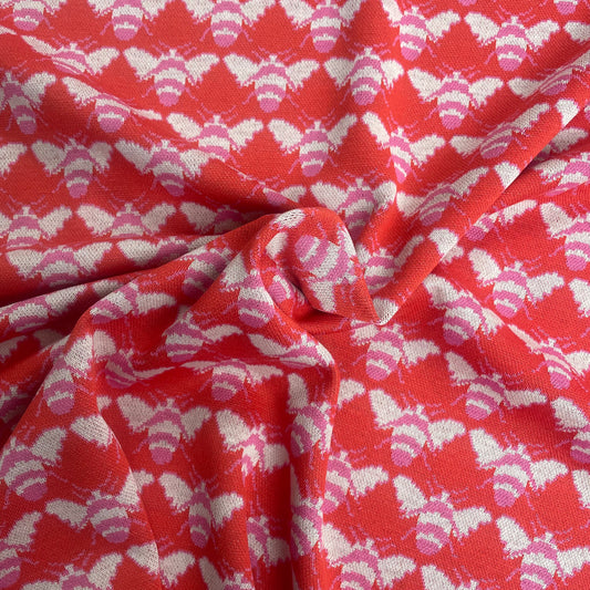 Red & Pink Bee Print Jersey Knit Deadstock Fabric