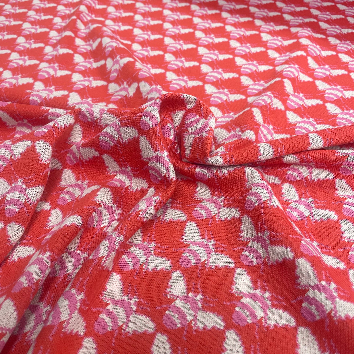 Red & Pink Bee Print Jersey Knit Deadstock Fabric