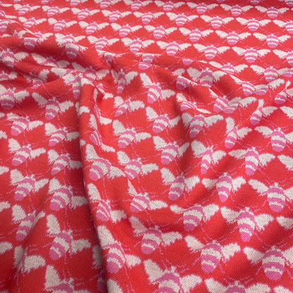 Red & Pink Bee Print Jersey Knit Deadstock Fabric