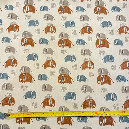 Deadstock Blue, Brown and White Elephant Print Cotton