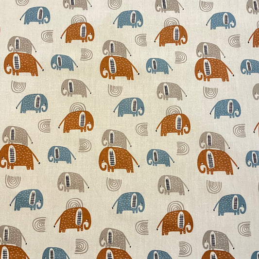 Deadstock Blue, Brown and White Elephant Print Cotton