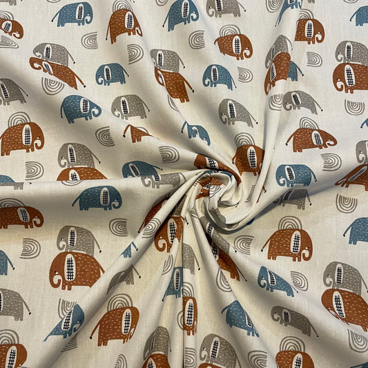 Deadstock Blue, Brown and White Elephant Print Cotton