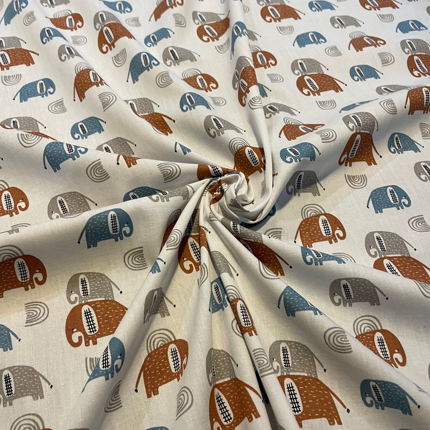 Deadstock Blue, Brown and White Elephant Print Cotton