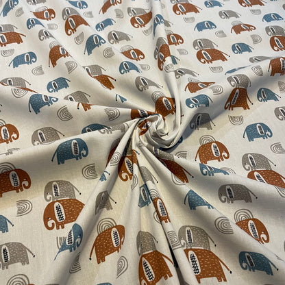 Deadstock Blue, Brown and White Elephant Print Cotton