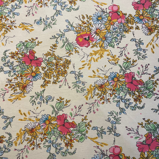 Deadstock Cream Floral Print Stretch Polycotton - Medium-Heavy