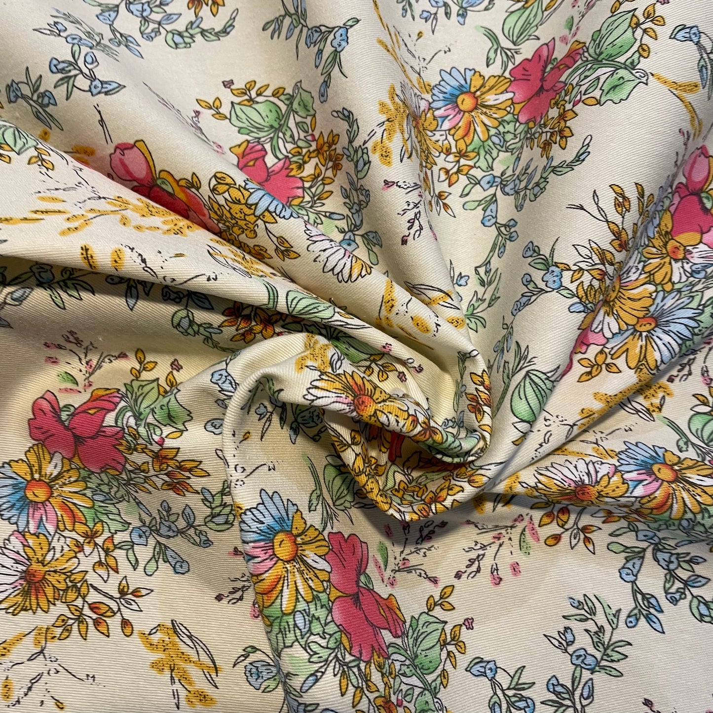 Deadstock Cream Floral Print Stretch Polycotton - Medium-Heavy
