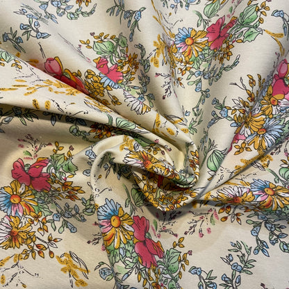 Deadstock Cream Floral Print Stretch Polycotton - Medium-Heavy