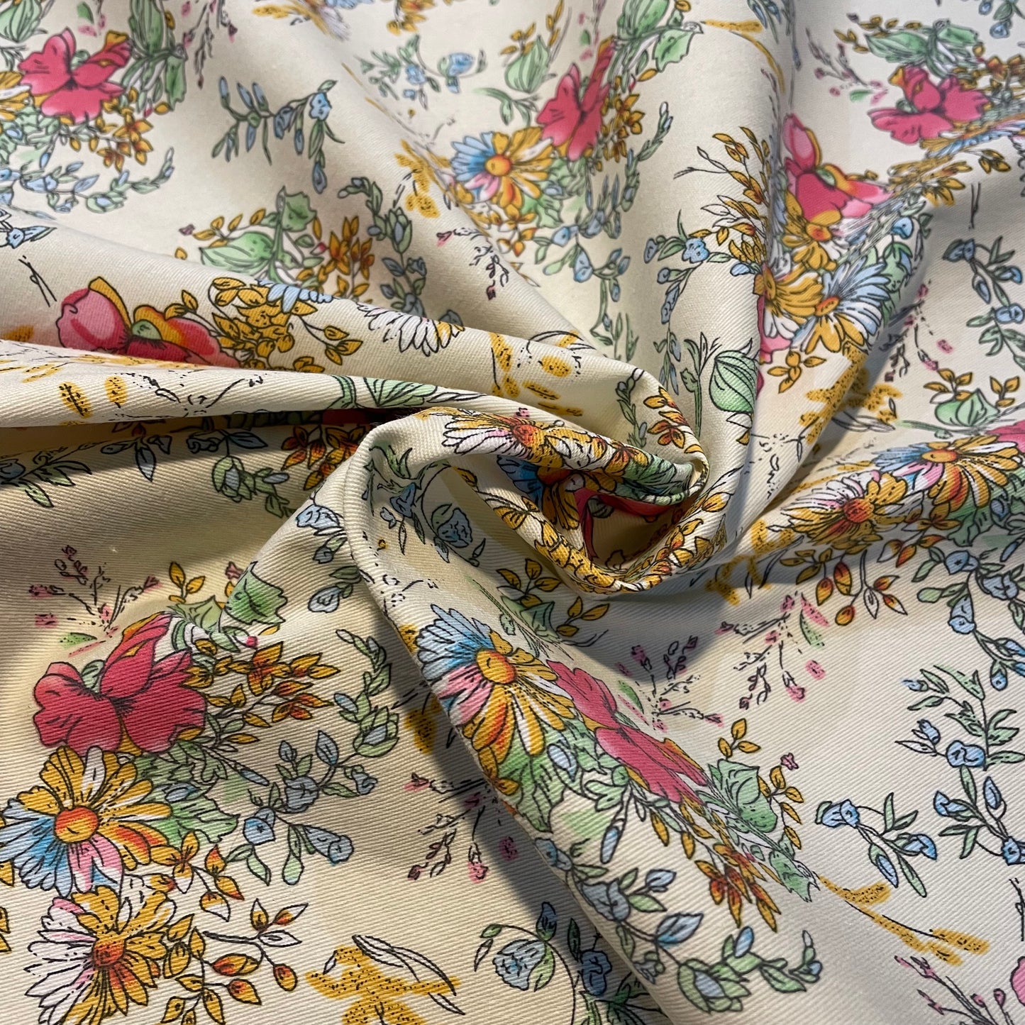 Deadstock Cream Floral Print Stretch Polycotton - Medium-Heavy