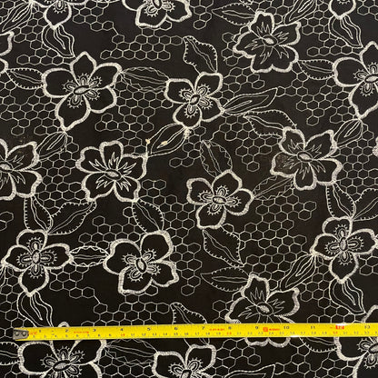 Deadstock Black Cotton with White Embroidered Floral