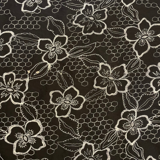 Deadstock Black Cotton with White Embroidered Floral