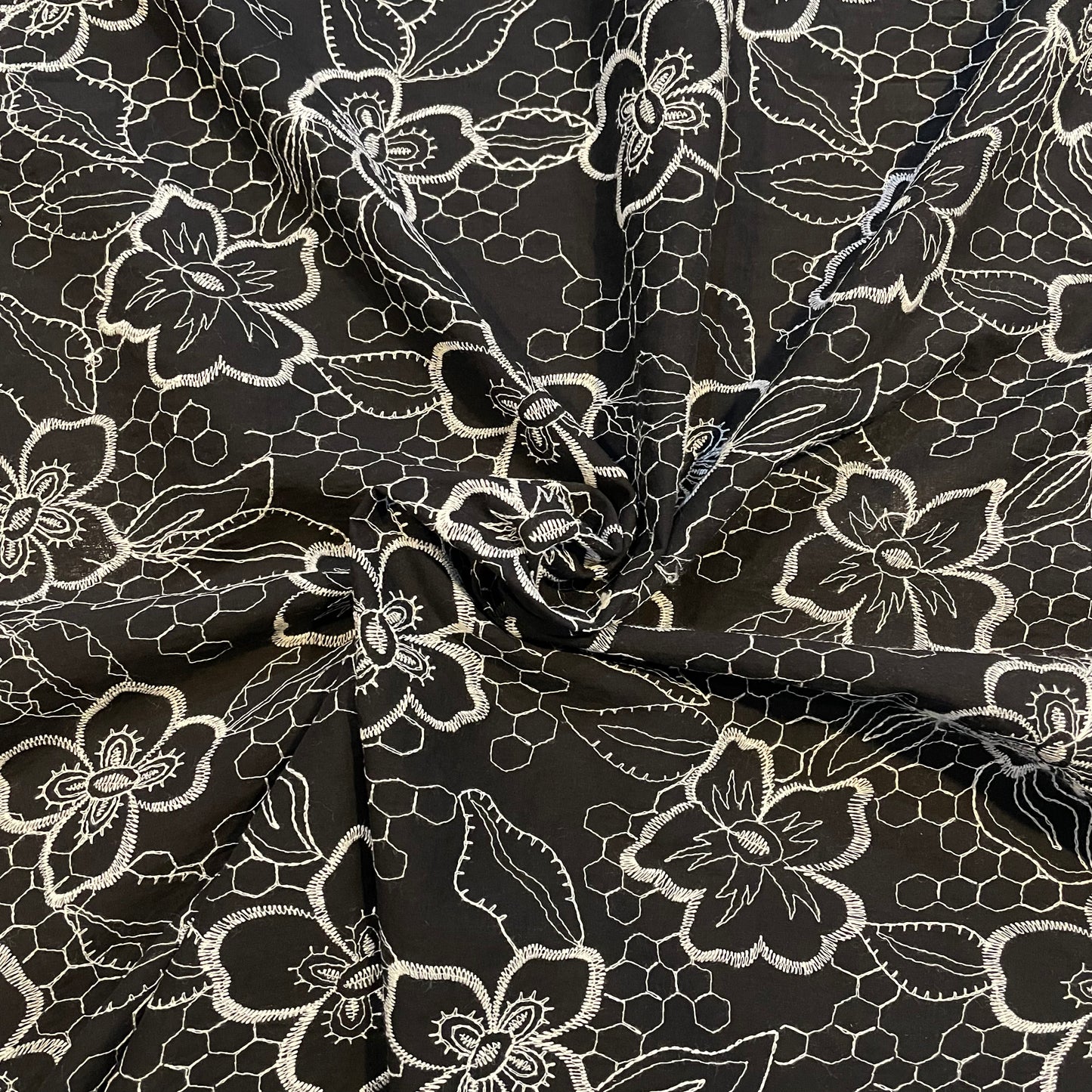 Deadstock Black Cotton with White Embroidered Floral