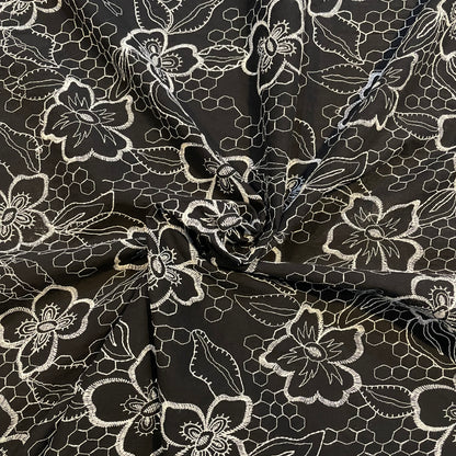 Deadstock Black Cotton with White Embroidered Floral