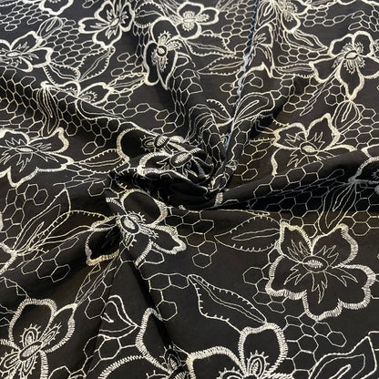 Deadstock Black Cotton with White Embroidered Floral