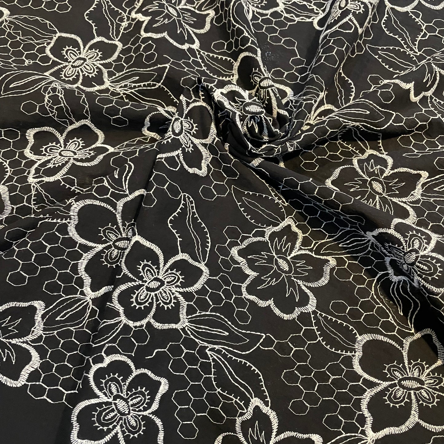 Deadstock Black Cotton with White Embroidered Floral