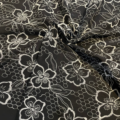 Deadstock Black Cotton with White Embroidered Floral