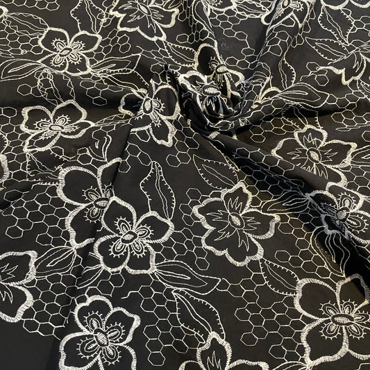 Deadstock Black Cotton with White Embroidered Floral