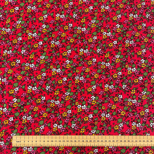 Floral Red Crinkle Polyester Crepe Deadstock Fabric