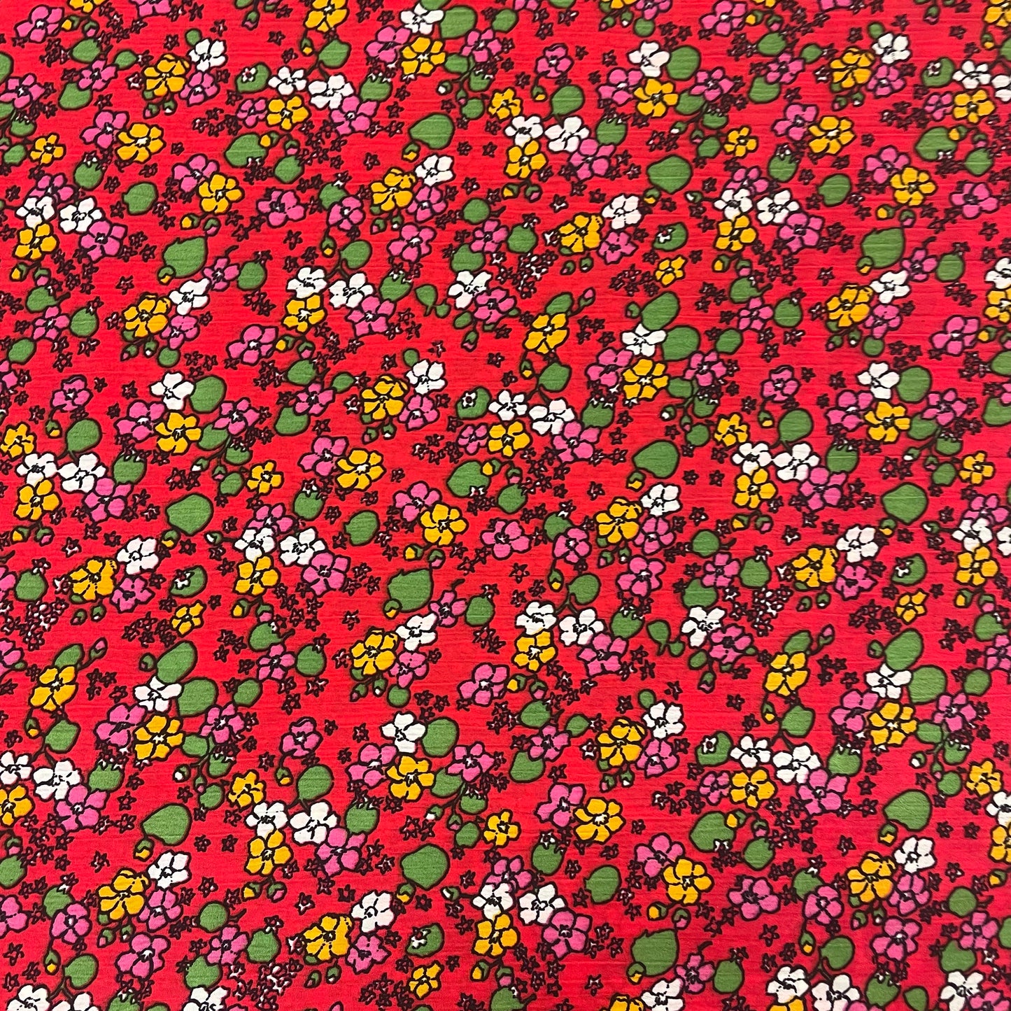 Floral Red Crinkle Polyester Crepe Deadstock Fabric