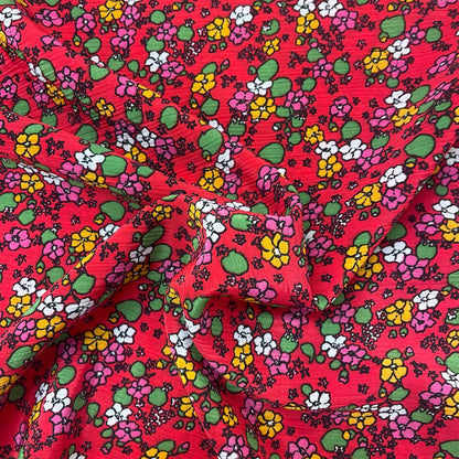 Floral Red Crinkle Polyester Crepe Deadstock Fabric