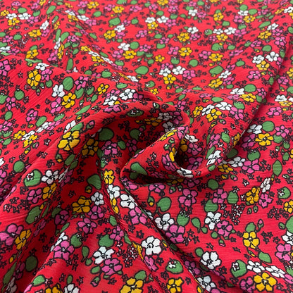 Floral Red Crinkle Polyester Crepe Deadstock Fabric
