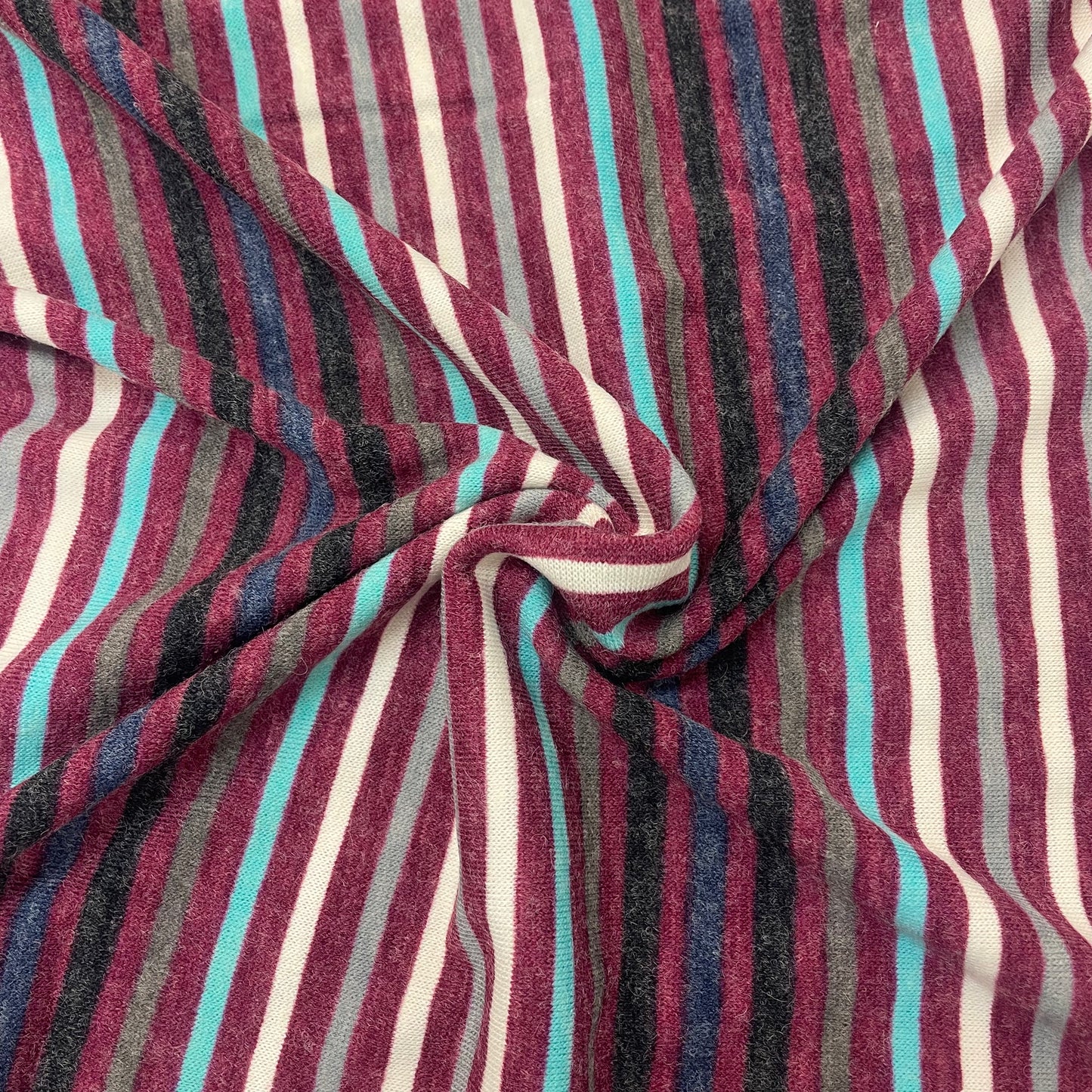 Burgundy, Blue & White Striped Stretch Knit Deadstock Fabric
