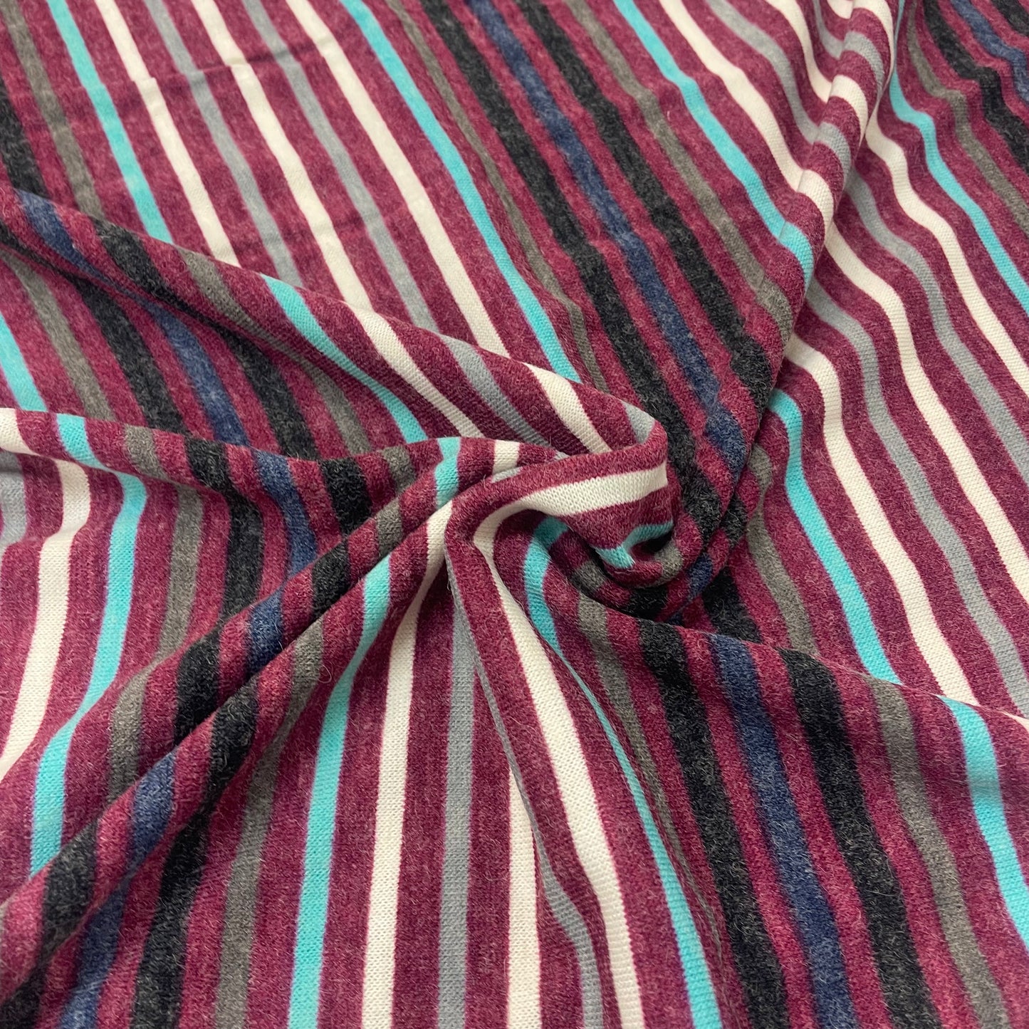 Burgundy, Blue & White Striped Stretch Knit Deadstock Fabric