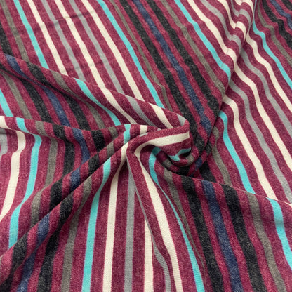 Burgundy, Blue & White Striped Stretch Knit Deadstock Fabric