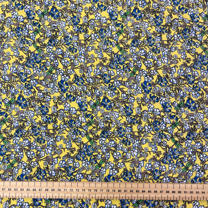 Yellow & Blue Dragonfly Floral Viscose Deadstock Fabric