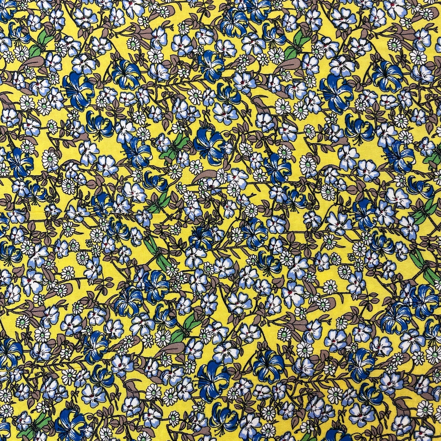 Yellow & Blue Dragonfly Floral Viscose Deadstock Fabric