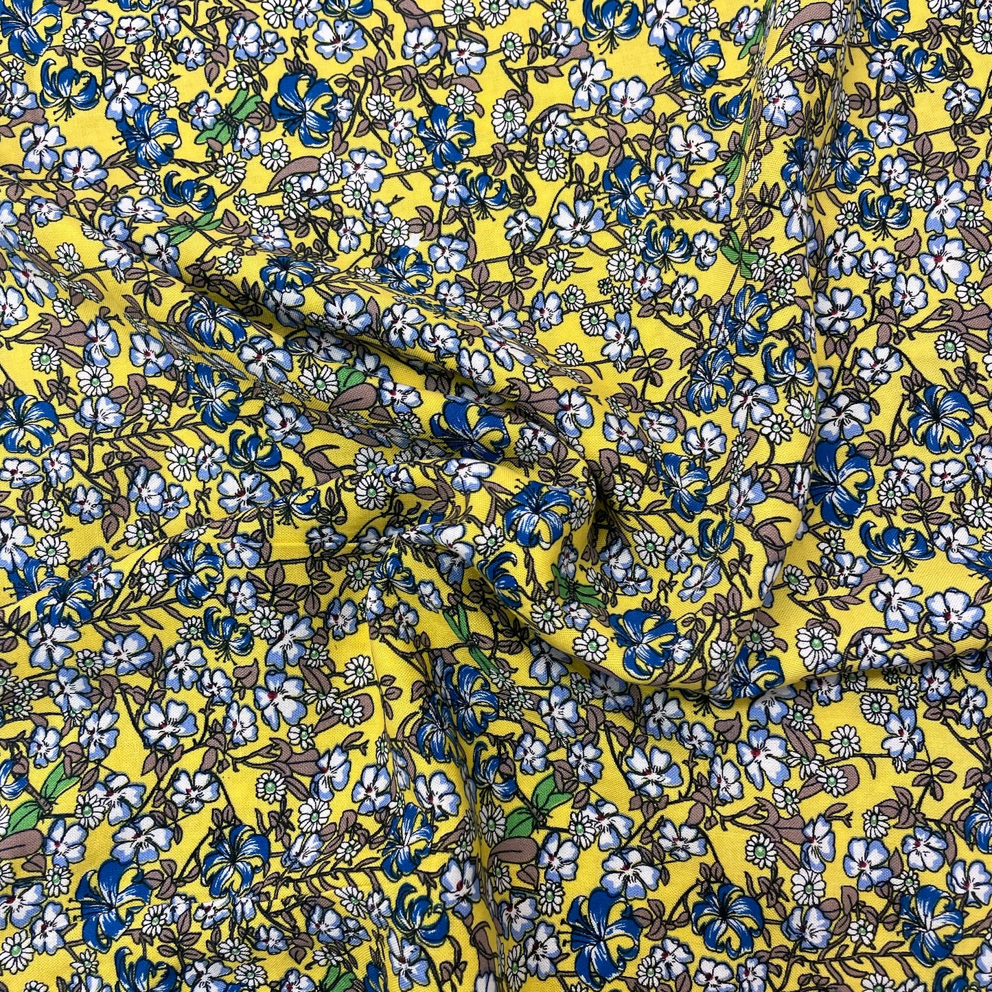 Yellow & Blue Dragonfly Floral Viscose Deadstock Fabric