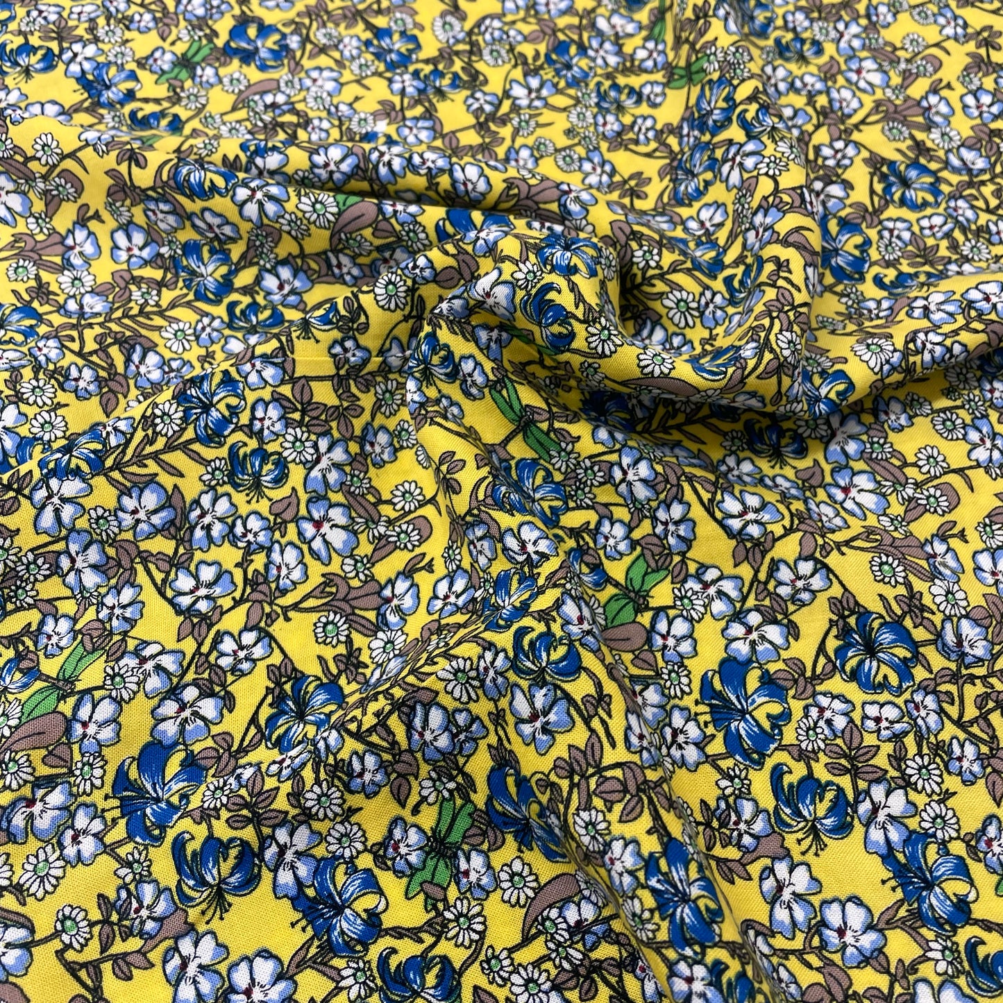 Yellow & Blue Dragonfly Floral Viscose Deadstock Fabric