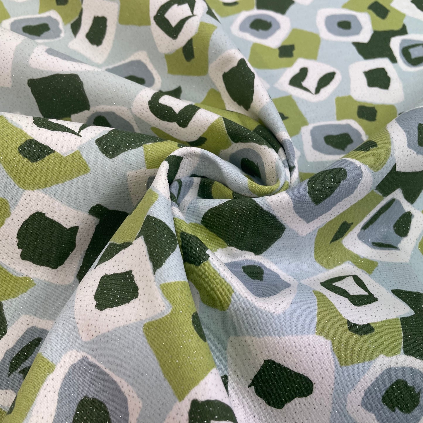 Green Silver Sparkle Geometric Cotton Stretch Deadstock Fabric